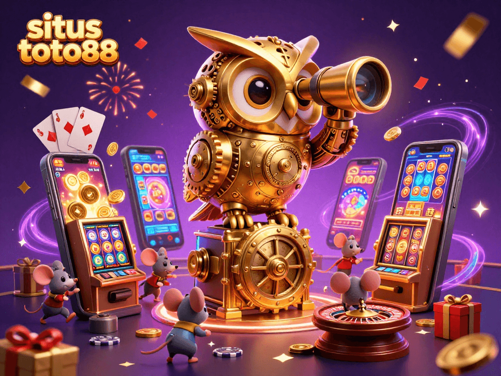 Engage with situs toto88 through vibrant slot machines and whimsical characters in a lively casino scene.