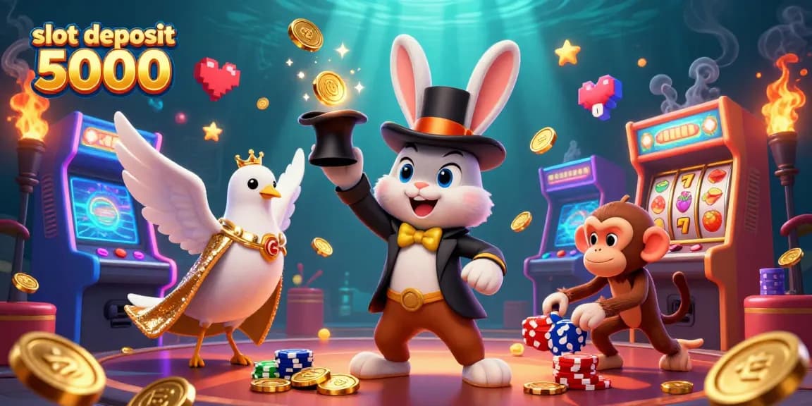 Permainan slot deposit 5000 dengan karakter kelinci magis menarik koin emas di topi, menyajikan pengalaman bermain yang seru.