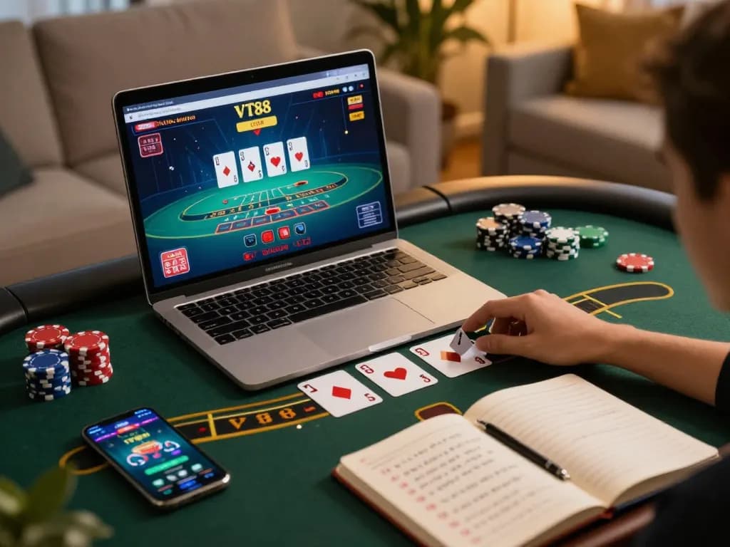Engaging online gambling scene with VT88's live dealer blackjack game on a laptop, showcasing strategic gameplay