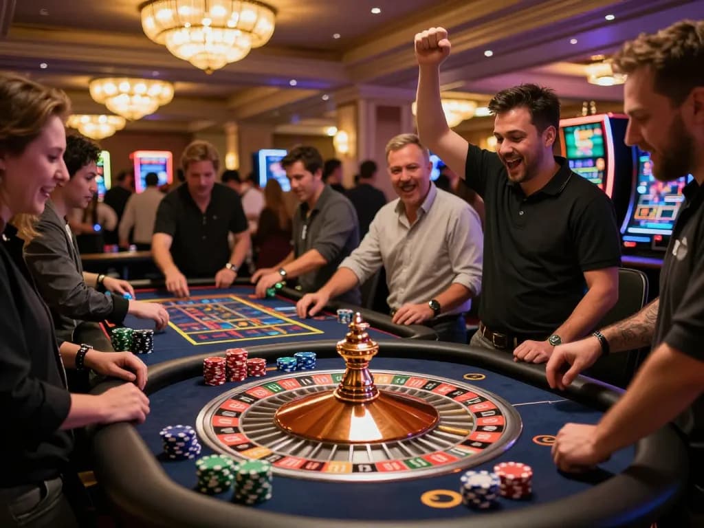 Players celebrating a winning moment at bongdalu88 roulette table in a bustling casino.