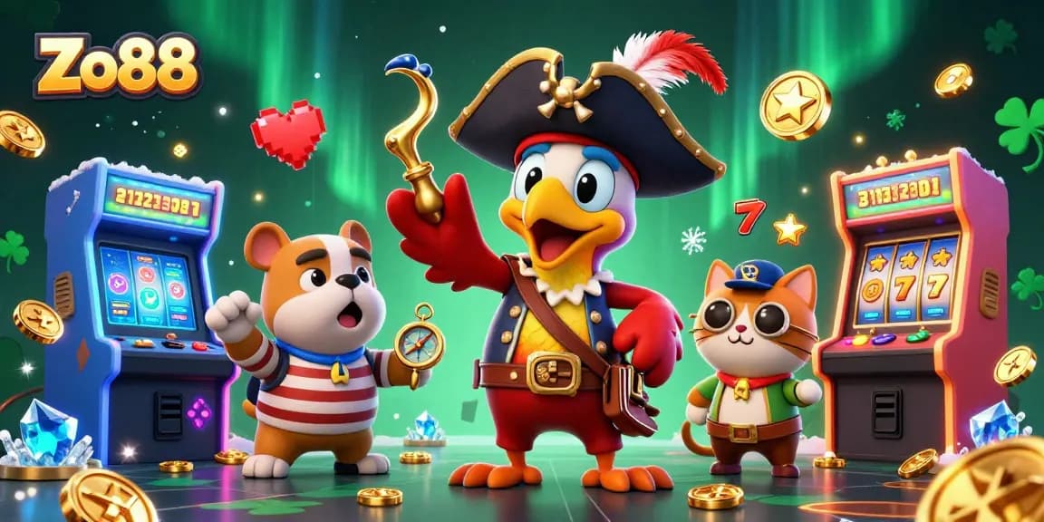 Immerse in Zo88's vibrant gaming world, featuring a pirate captain, bulldog, and cat navigator amidst nostalgic arcade elements.