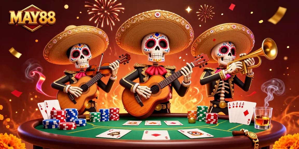 Engage in thrilling poker action at MAY88 with a vibrant mariachi celebration, colorful elements, and festive atmosphere.