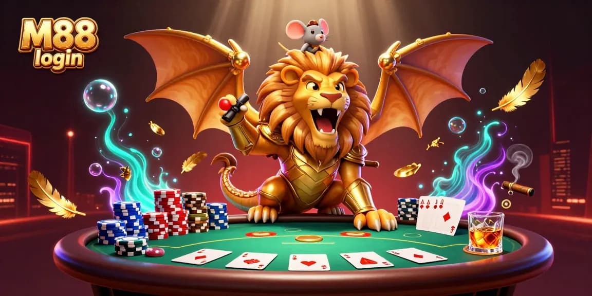 Experience M88 login with this dynamic 3D scene showcasing epic poker action and vibrant gaming elements.