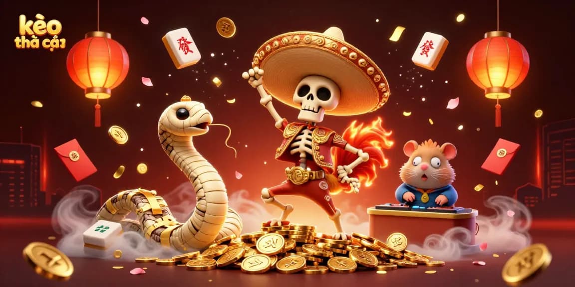 Experience the thrill of kèo nhà cái with a vibrant illustration of festive casino characters celebrating winnings.