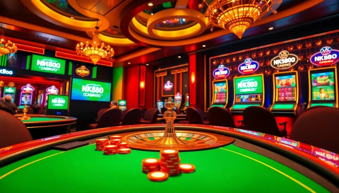 NK88.BOO casino scene featuring vibrant poker tables, roulette wheels, and flashing slot machines.