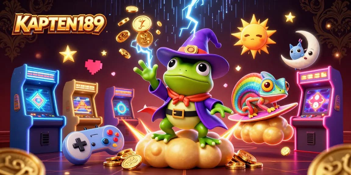 KAPTEN189 menghidupkan suasana kasino dengan wizard kodok, chameleon pelangi, dan tumpukan koin emas.