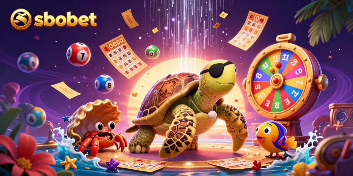 Engage with sbobet's vibrant casino scene featuring a pirate turtle, crab, and colorful lottery elements.