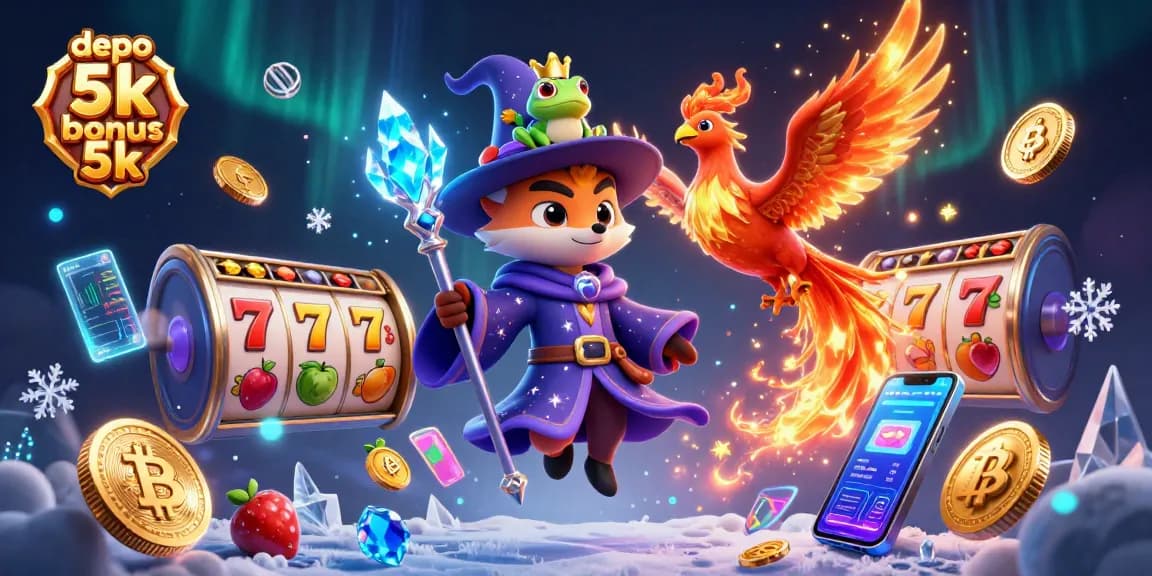 Play with depo 5k bonus 5k in an engaging casino setting featuring a wizard fox and phoenix.