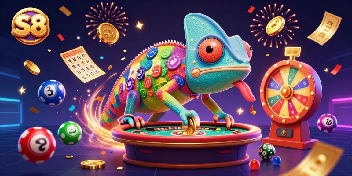 S8 casino theme celebrates with a vibrant chameleon owner, lottery balls, and magical confetti.