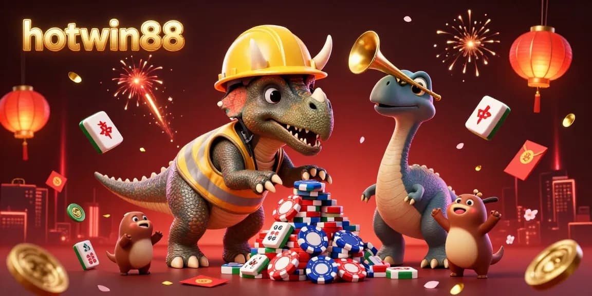 Experience thrilling moments with hotwin88 as a triceratops builds poker chips amidst festive casino elements.