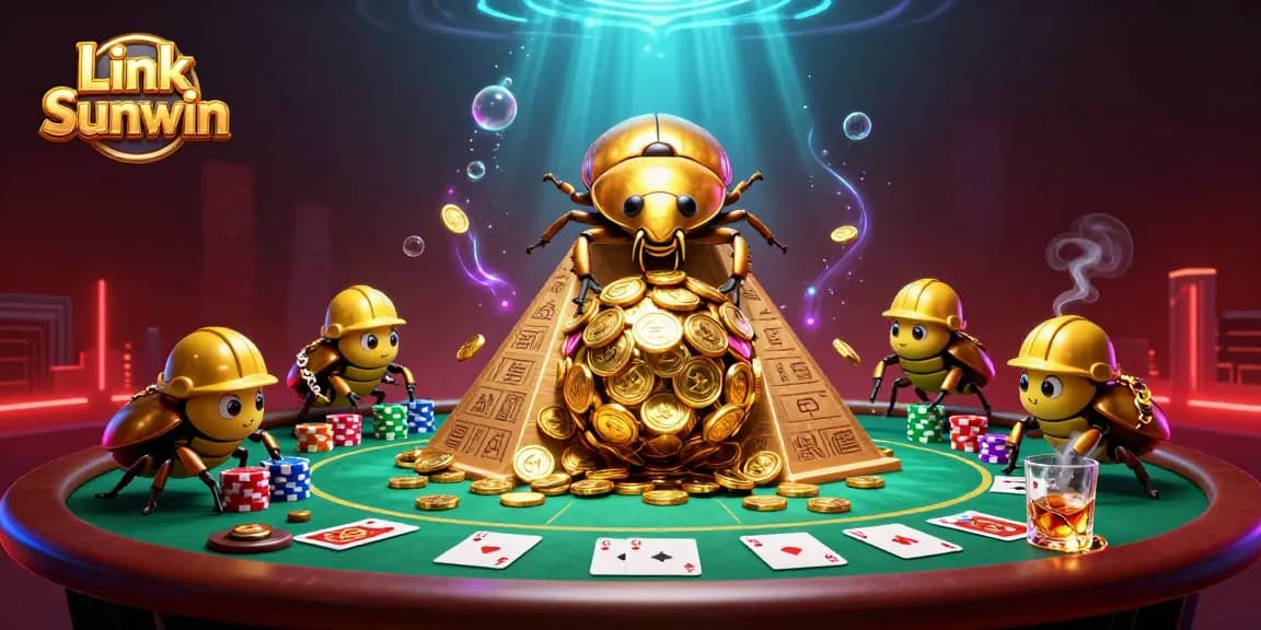 Engage with Link Sunwin at the vivid casino scene featuring vibrant poker elements and golden treasures.