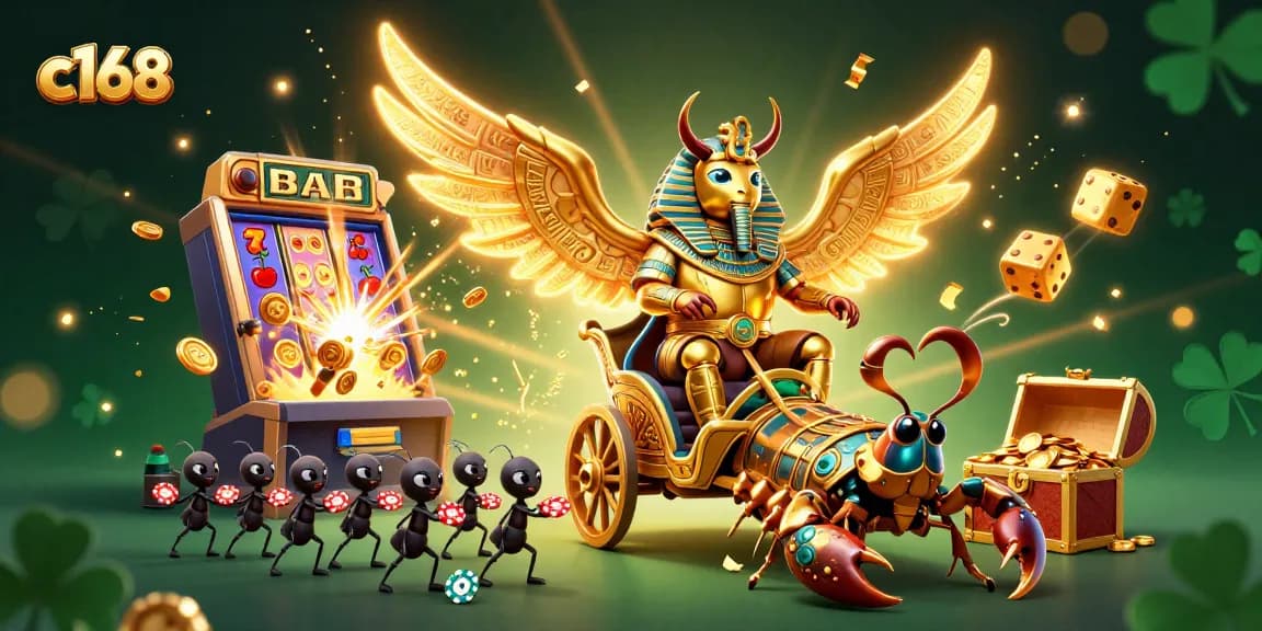 C168 engages players with a vibrant casino scene showcasing a colossal scarab beetle and dynamic gaming elements.