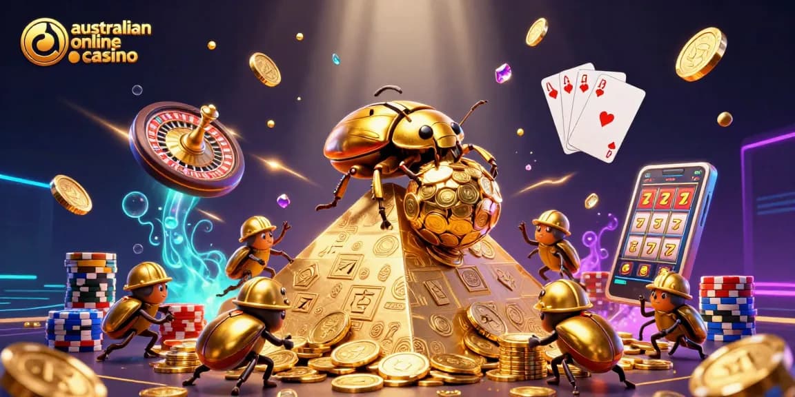 Engage with lively casino action at this australian online casino, featuring a golden beetle amidst coins and gaming items.