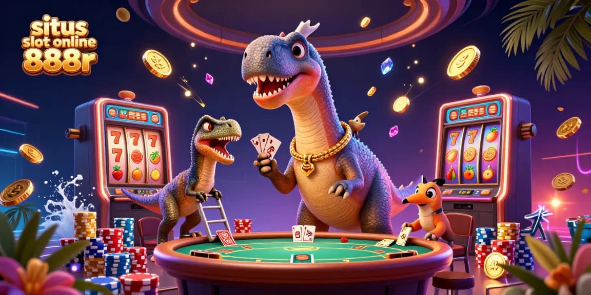 Situs slot online 888r reveals a dynamic casino scene with a dinosaur, dealer cards, and sparkling jewels.