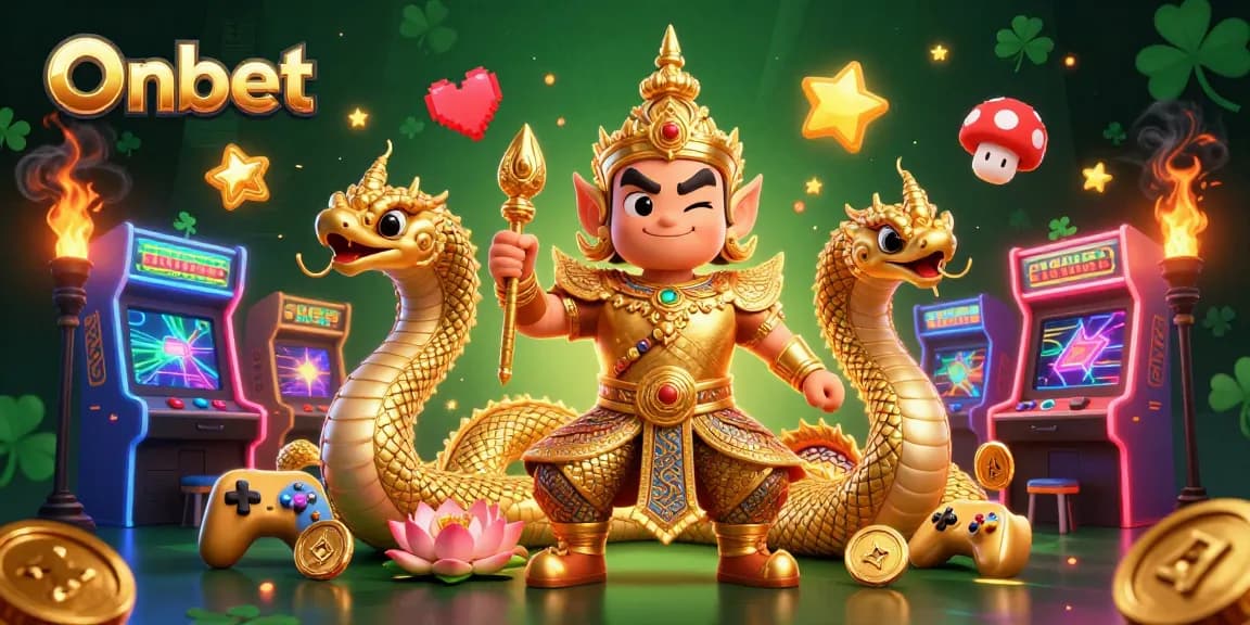 Play exciting games at Onbet with colorful casino elements, golden guardians, and vibrant energies.