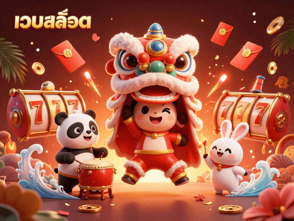 Experience เว็บสล็อต excitement with vibrant characters and dynamic slot elements in a festive scene.