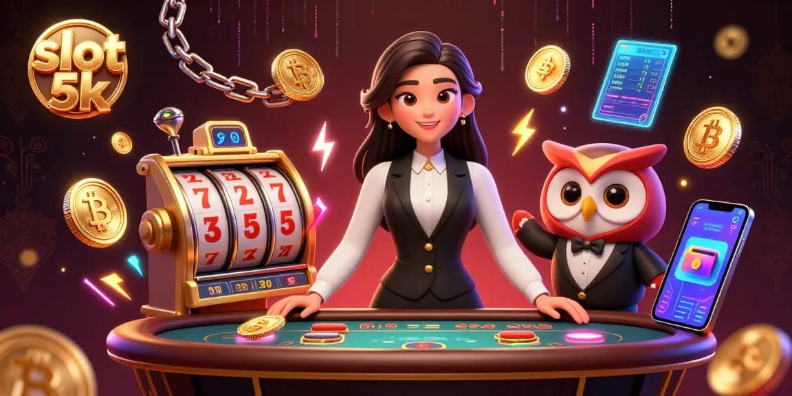 Experience dynamic slot 5k gameplay with dealers and crypto elements in an engaging casino scene.