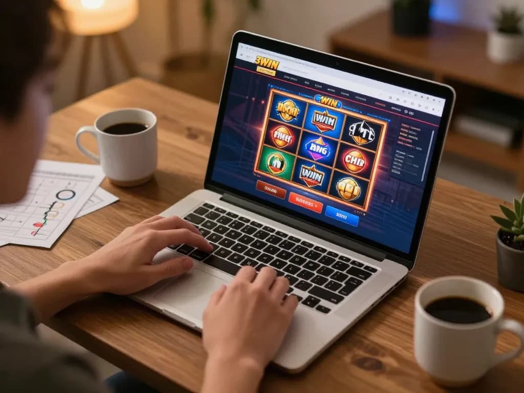 Player engaging with 3win online casino on laptop, emphasizing strategic betting practices in a cozy home setting.