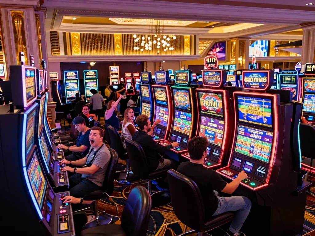 Rasakan pengalaman permainan kasino yang mendebarkan dengan mesin slot yang penuh warna dan pemain yang antusias, cukup untuk memberikan kegembiraan