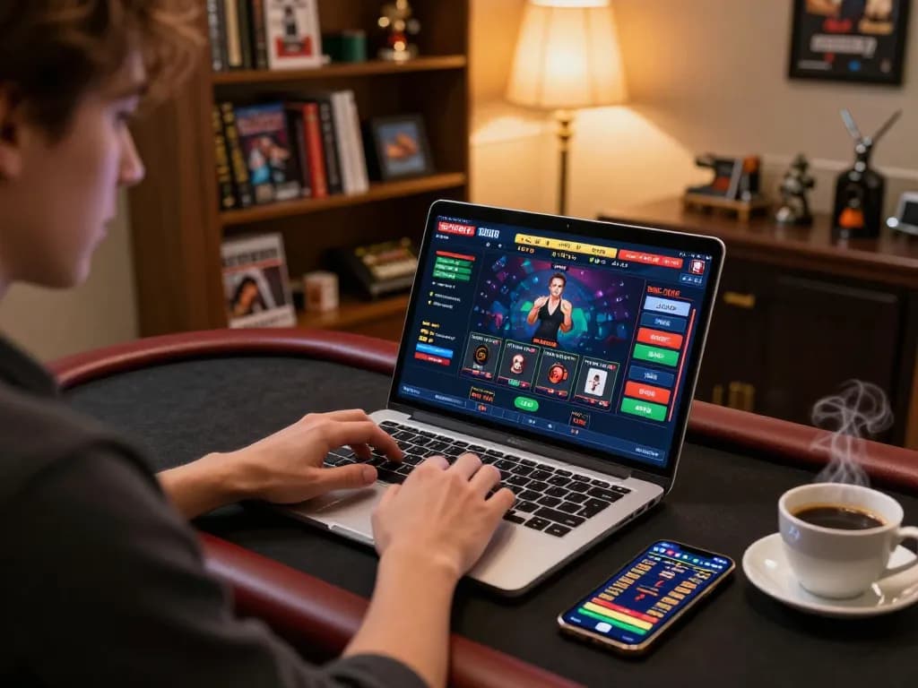 Engage in strategic gameplay at net88 with a laptop showcasing live dealer games, enhancing online casino experience.