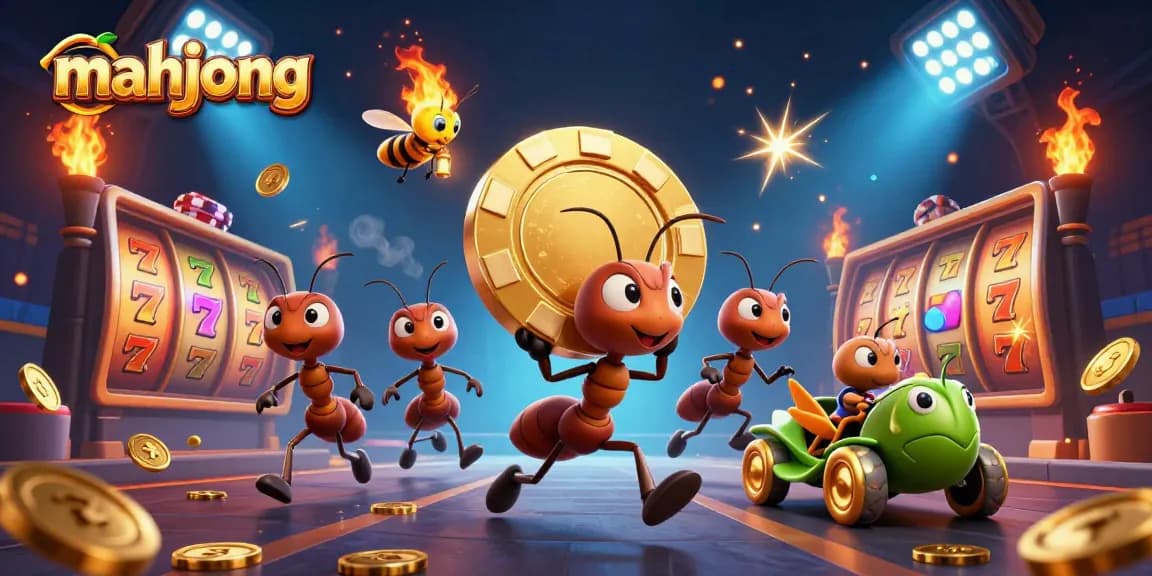 Experience thrilling mahjong action with ants on a heist in a packed casino-themed illustration.
