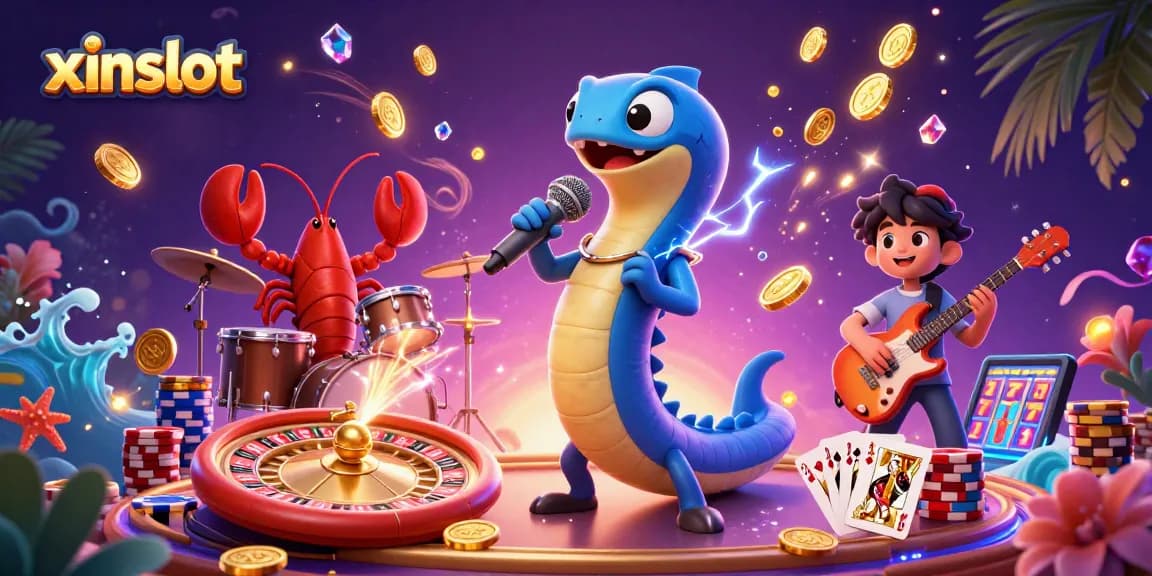 Experience lively gaming at xinslot with an electric eel DJ performance amidst cascading coins and vibrant casino elements.