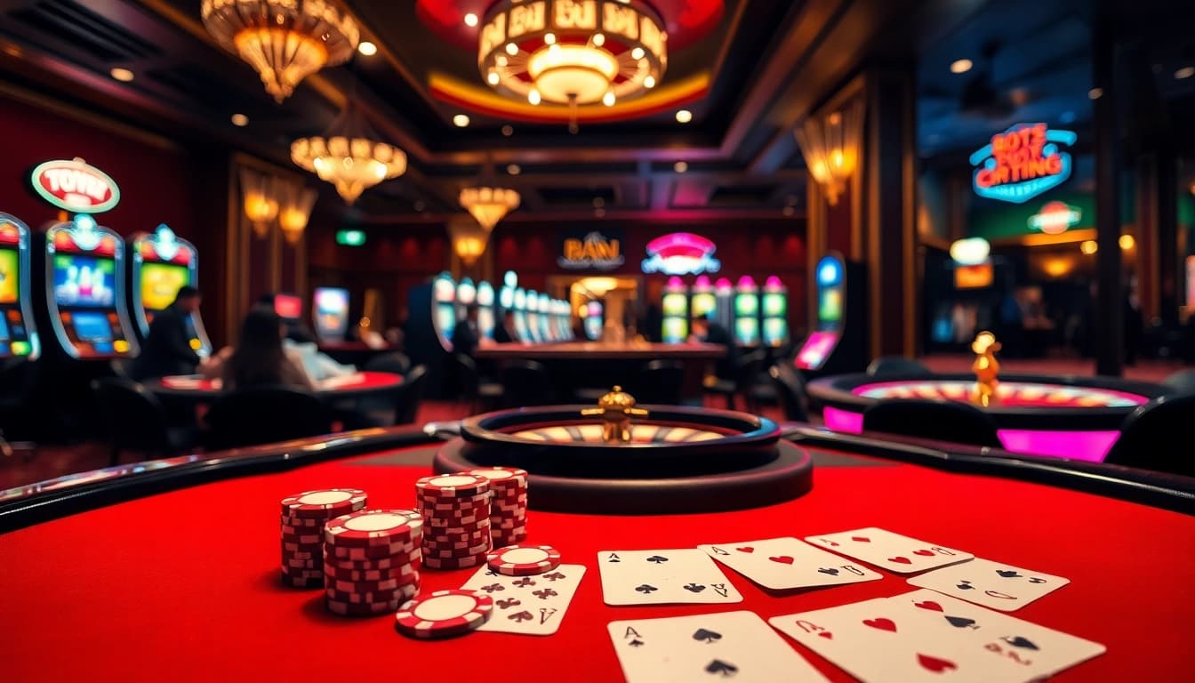 Experience the thrill of playing at LC88 casino with poker chips and cards on the table.