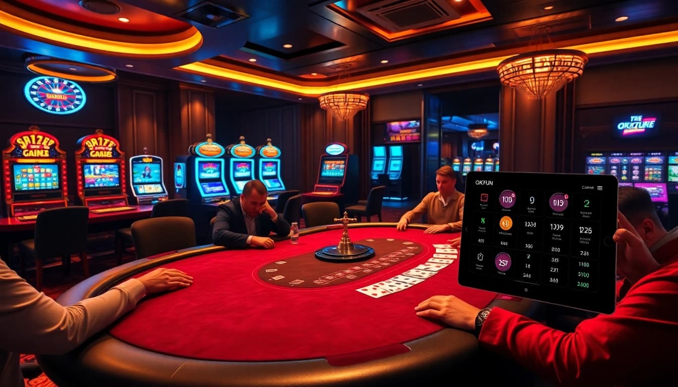 Players elevating their game in an exciting poker match at OKFUN Casino, showcasing strategic betting.