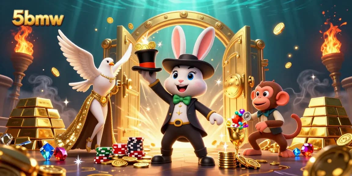 Engage in thrilling wins at 5bmw with a magical 3D illustration showcasing casino elements and characters.