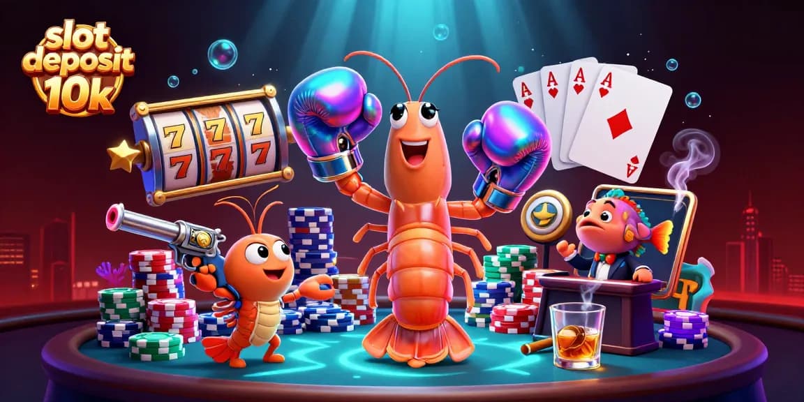 Spin the slot deposit 10k reels with 3D mantis shrimp champions in a vibrant casino scene.