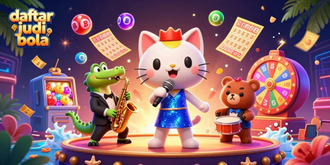 Engage with daftar judi bola in this vibrant casino scene featuring fun characters and colorful gaming elements.