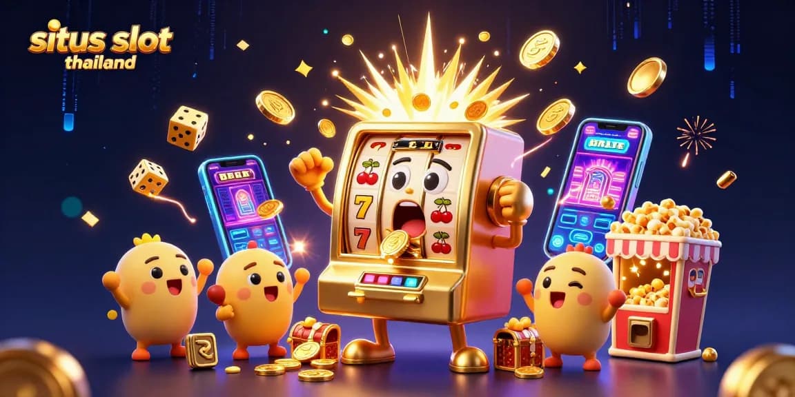 Situs slot thailand showcases a vibrant jackpot celebration with animated slot machines, coins flowing, and a festive atmosphere.
