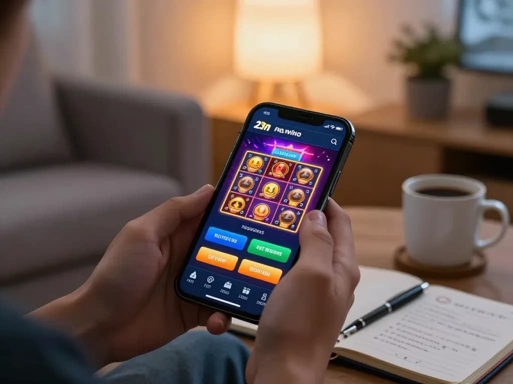 Engaging with 23win casino app on smartphone, showcasing a cozy gaming atmosphere.