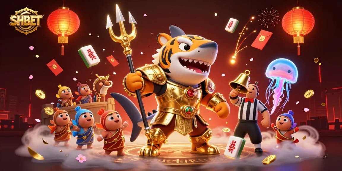 Experience the thrill of SHBET with a vibrant underwater casino scene featuring a tiger shark and game elements.
