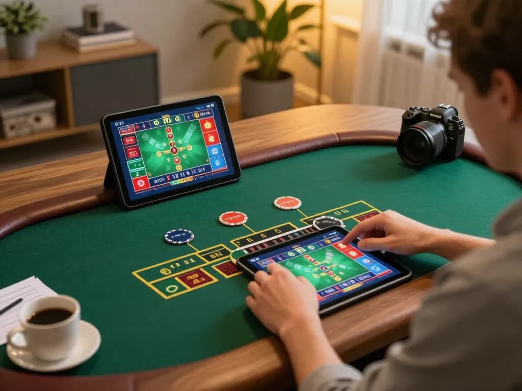 Engaging moment of a player in a cozy setting strategizing while using a tablet for online gambling, promoting Nhà cái uy tín.