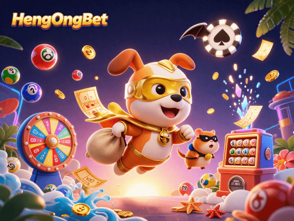 Engage with exciting gameplay at HengOngBet, illustrated with a superhero dog and lottery elements.