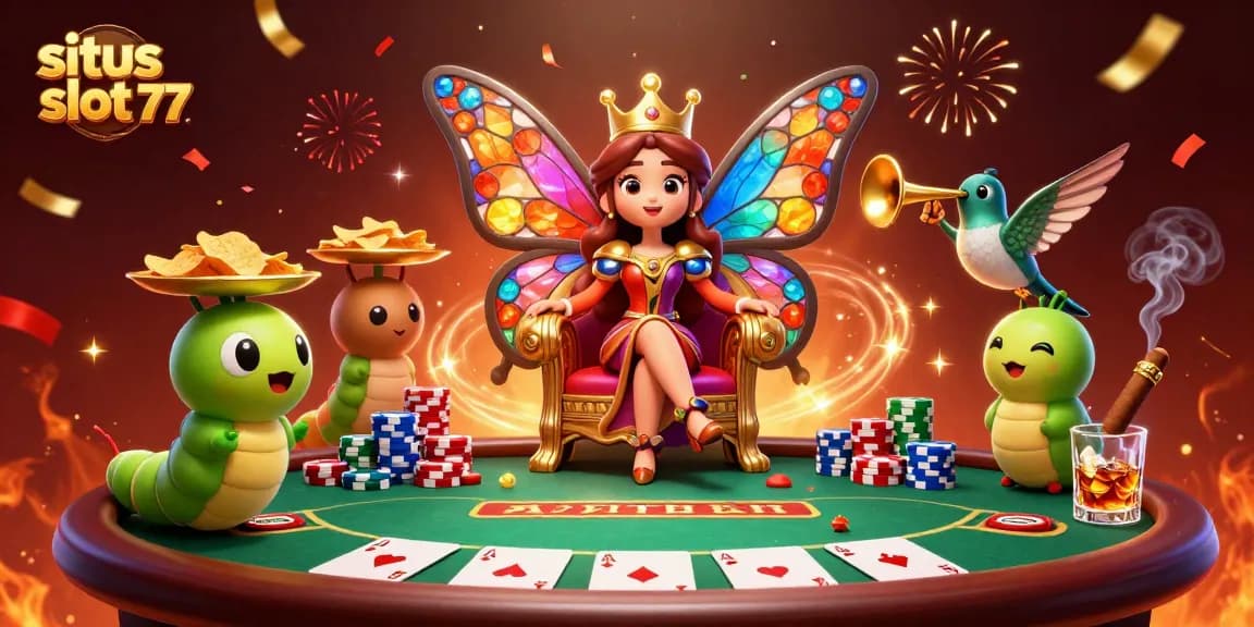 Spin for prizes at situs slot 77 with vibrant 3D characters and casino elements.