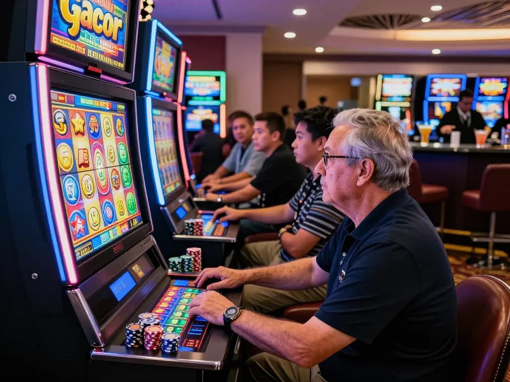Engaging scene of a player experiencing slot gacor hari ini in a lively casino environment, showcasing vibrant slot machines and excited players.