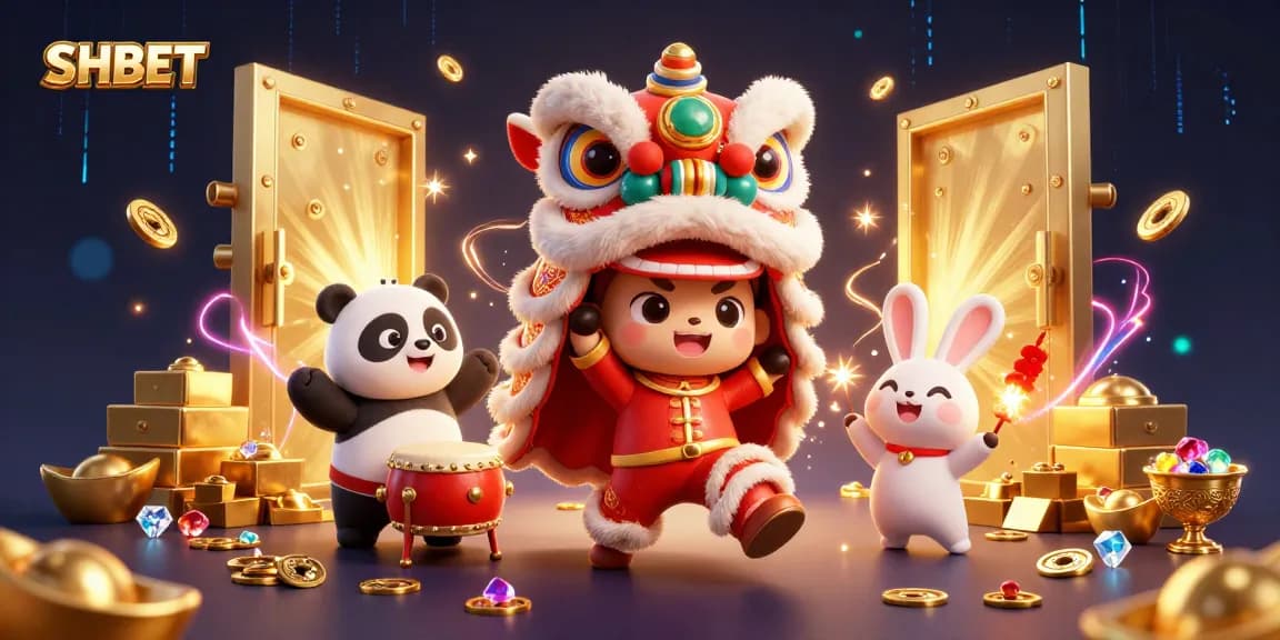 Experience thrilling games at SHBET with vibrant 3D casino illustration showcasing festive characters.