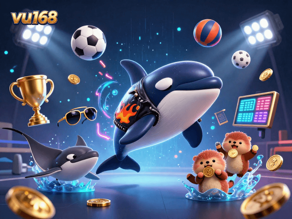 Win big with vu168 as a 3D cartoon orca whale and friends celebrate online gambling