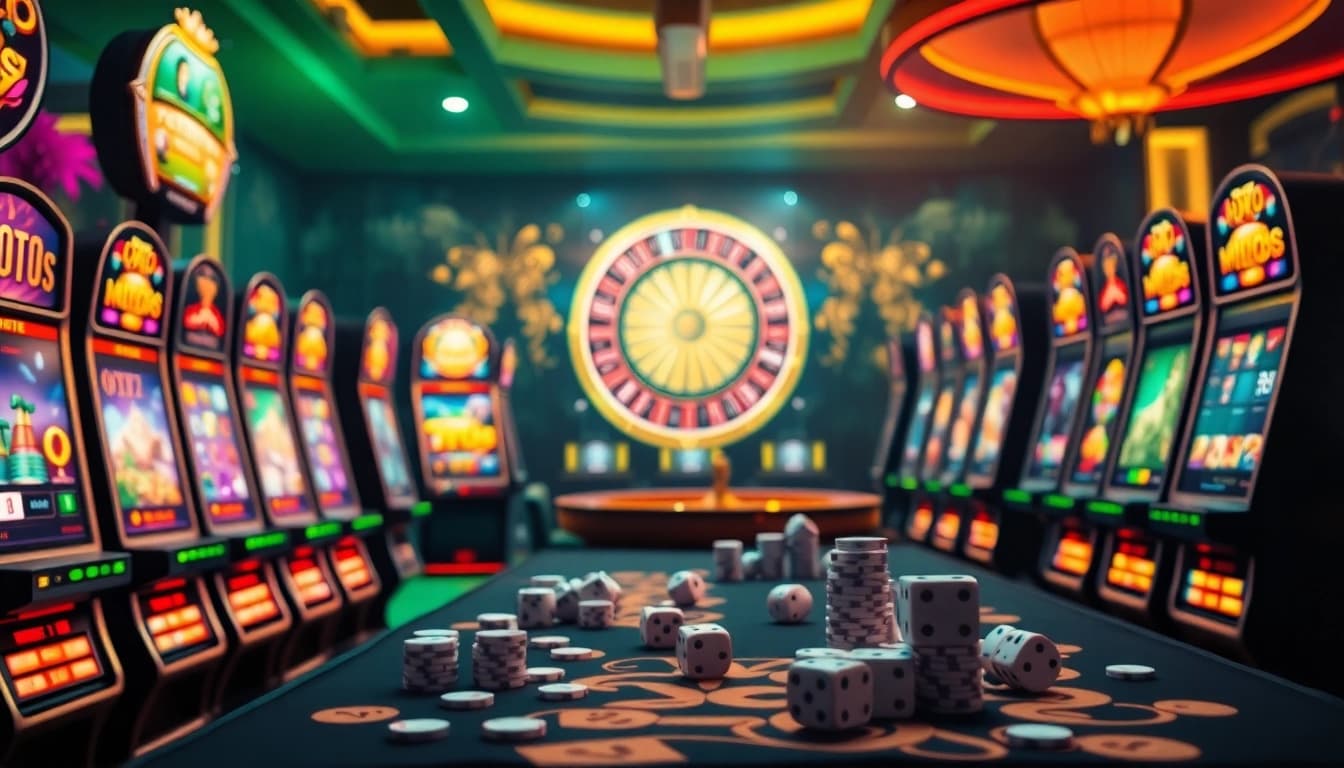 Experience the thrill of slot game terbaru di sini with vibrant slot machines and casino elements.