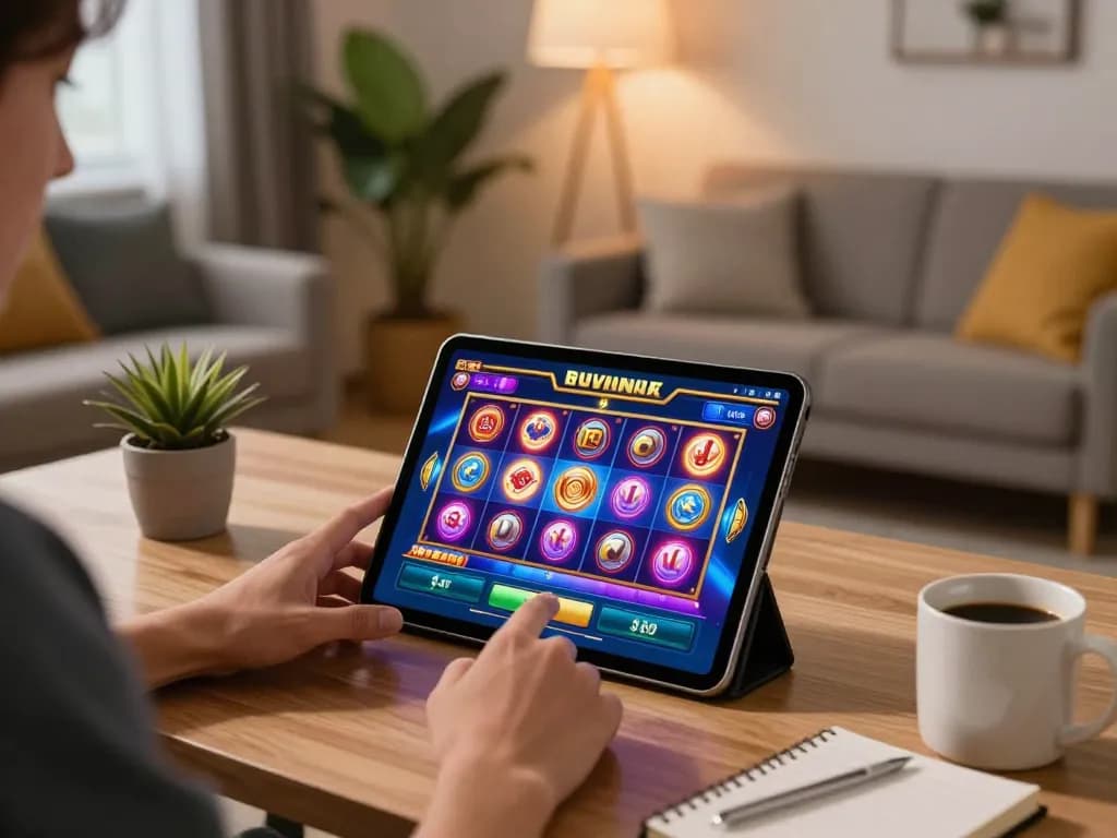 situs slot gameplay on a tablet showcasing colorful graphics and betting options in a cozy home office.