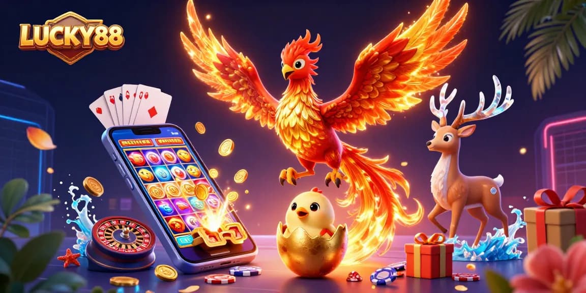 Experience the thrill of LUCKY88 with a vibrant 3D casino scene featuring dynamic characters and slot game action.
