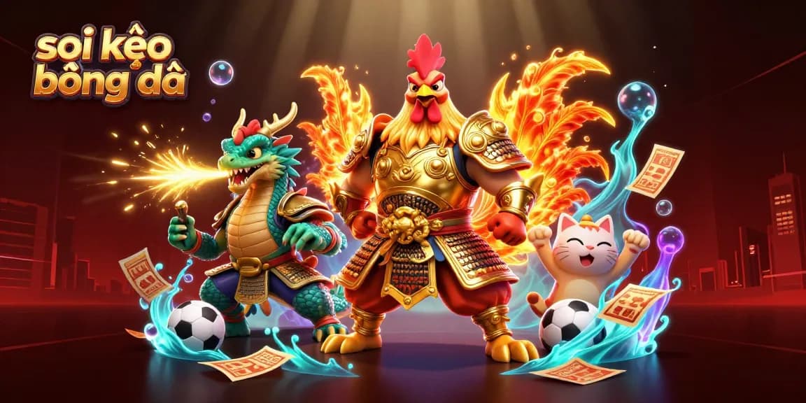 Engage in soi kèo bóng đá with expert analysis illustrated by dynamic characters and vibrant gambling elements.