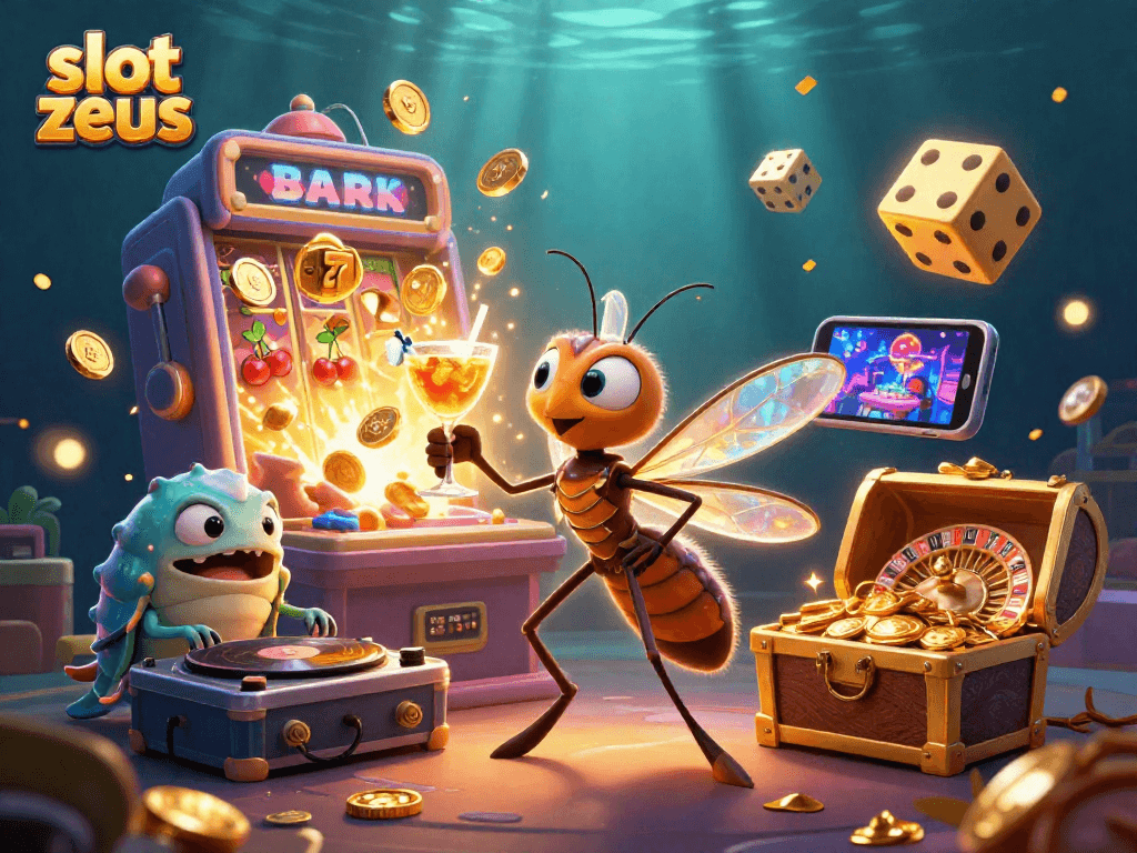 Engage with the vibrant slot zeus experience featuring a dynamic casino scene filled with winning symbols and exciting characters.