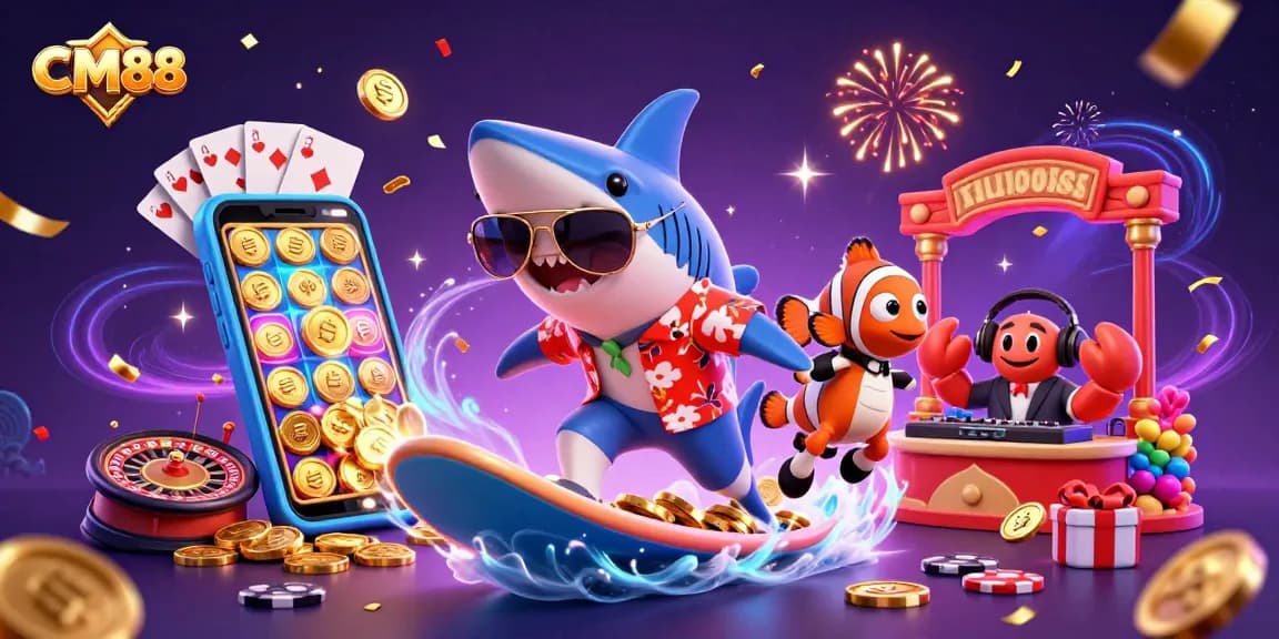 Experience exciting games at CM88, featuring cartoon characters celebrating amidst vibrant casino elements.
