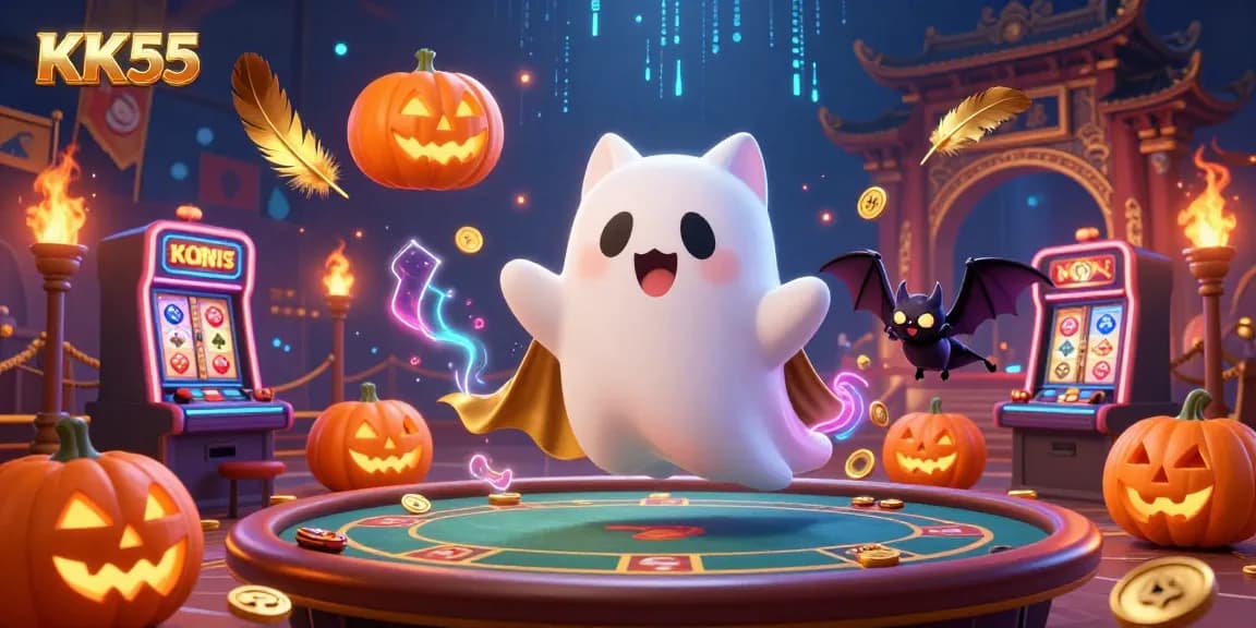 Engage with KK55’s thrilling casino atmosphere, featuring a ghost cat and vampire bat in action.