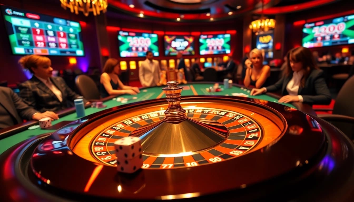 Exciting scene at a luxurious casino table featuring 68VIP.COM gaming action with players and poker chips.
