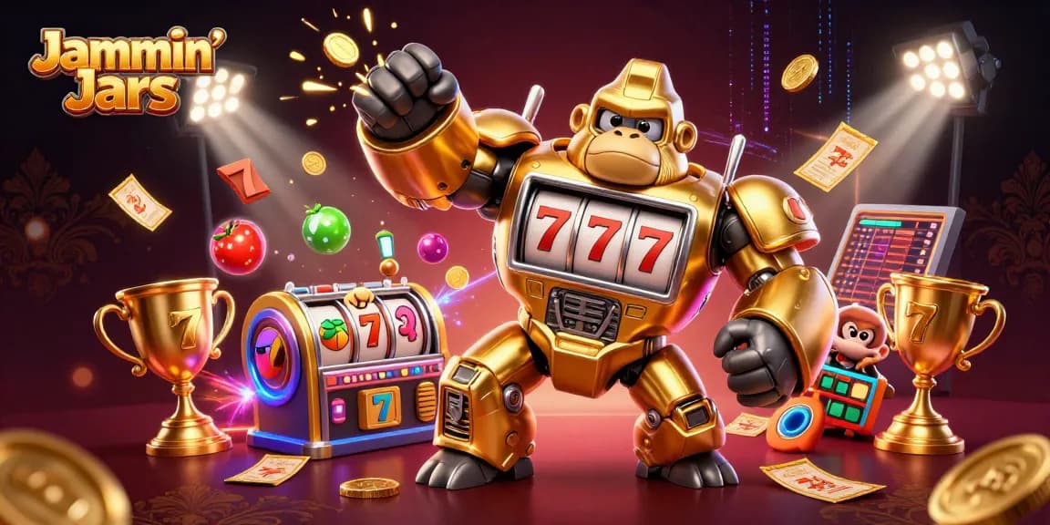 Jammin’ Jars slot game illustration with dynamic scenes of golden gorilla mech and gaming elements.