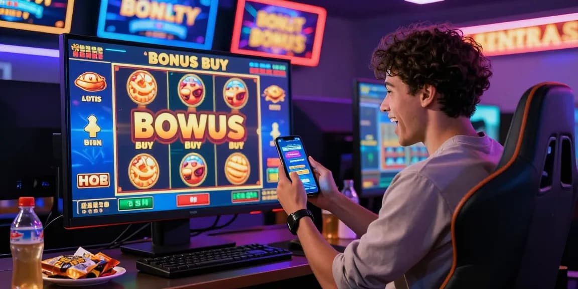Player enjoying Bonus Buy slots at chagency.co.uk in a vibrant casino-like home setup, showcasing excitement and engagement.